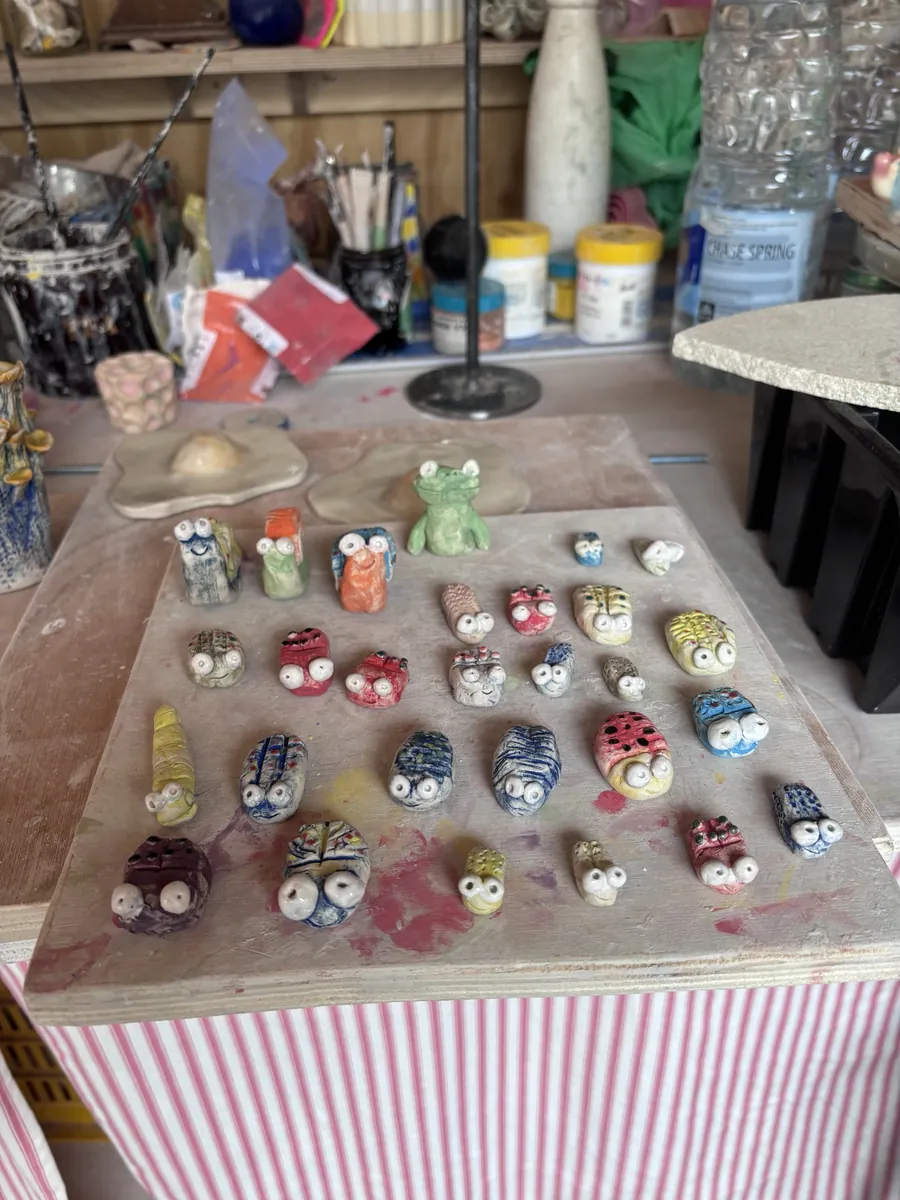 Rows of little glazed bugs and a frog with big googly eyes