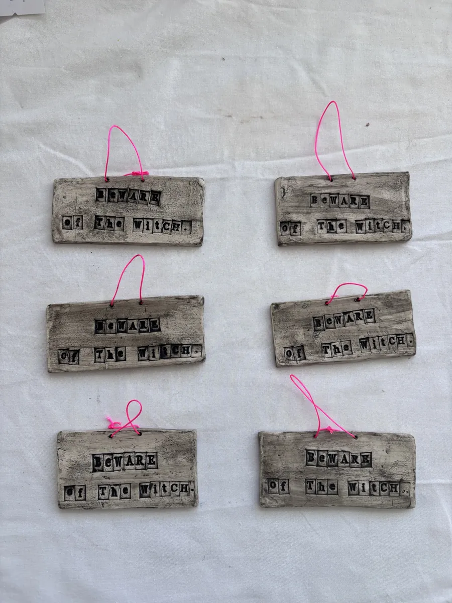 Six Beware of the Witch hanging signs with pink cord