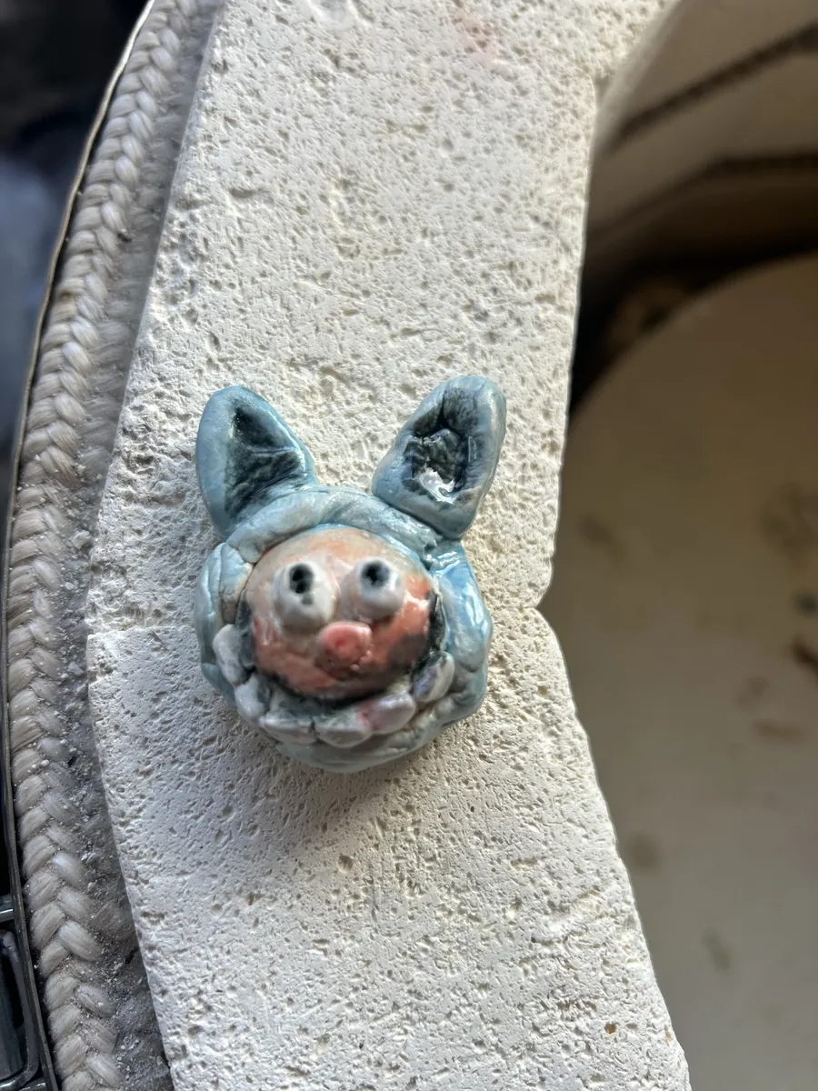 A little face in a blue hood with pointy ears