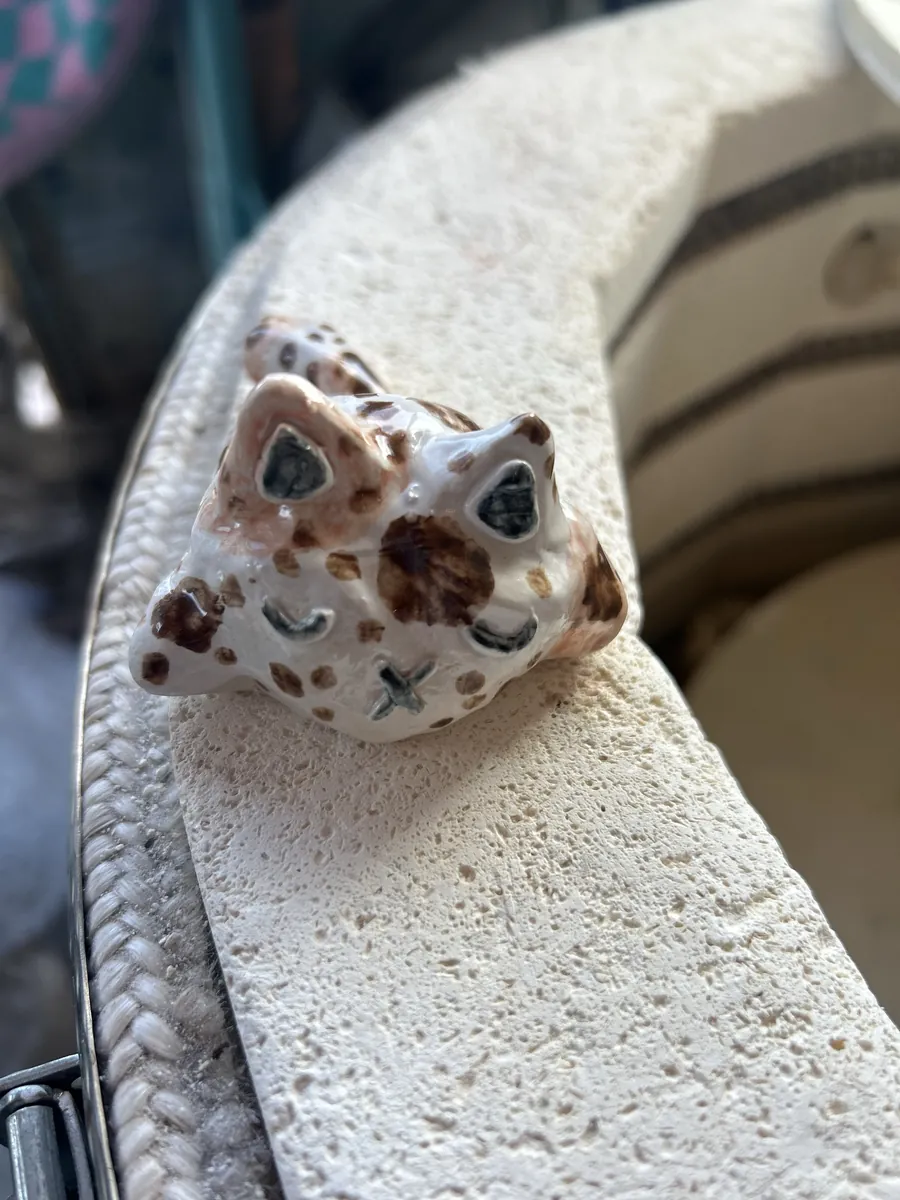 A sleepy spotted clay cat