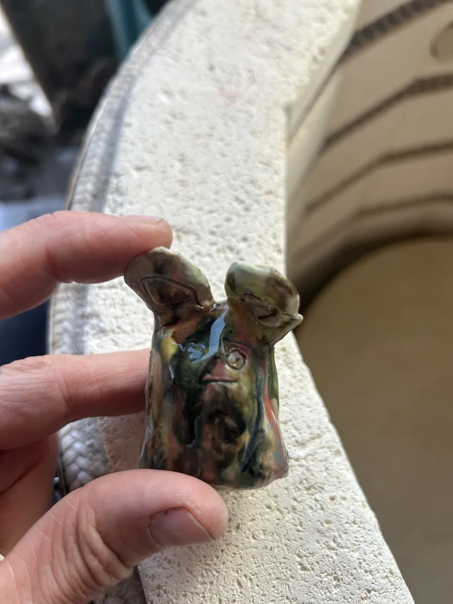 A tiny marbled green dog head held between fingers