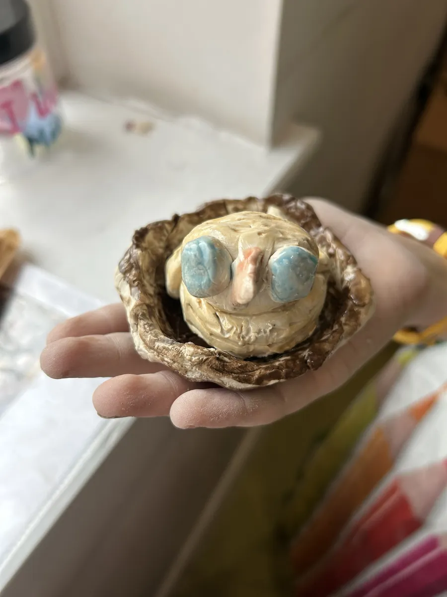 A bird with blue cheeks sitting in a clay nest
