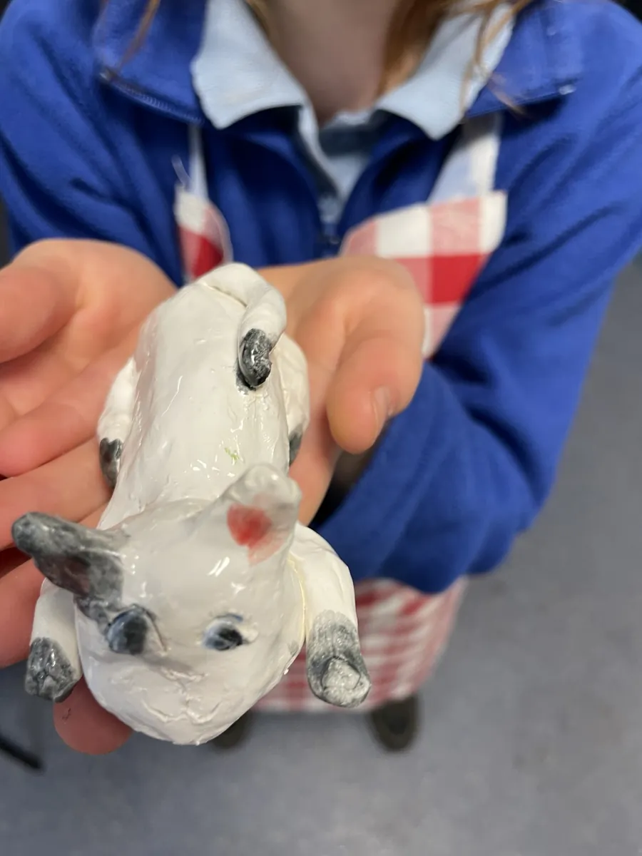 A glazed white dog with grey ears held out to the camera