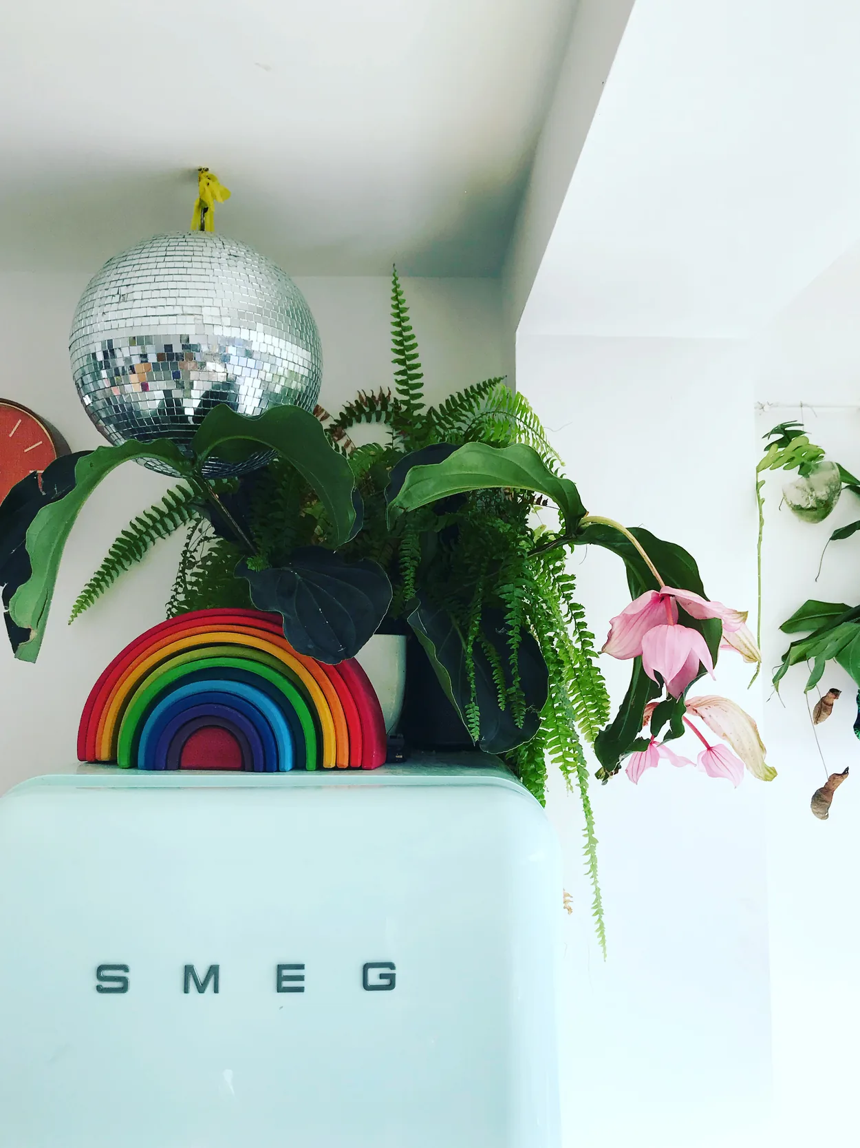 Kitchen corner with a mint Smeg fridge, rainbow stacker, disco ball and trailing ferns