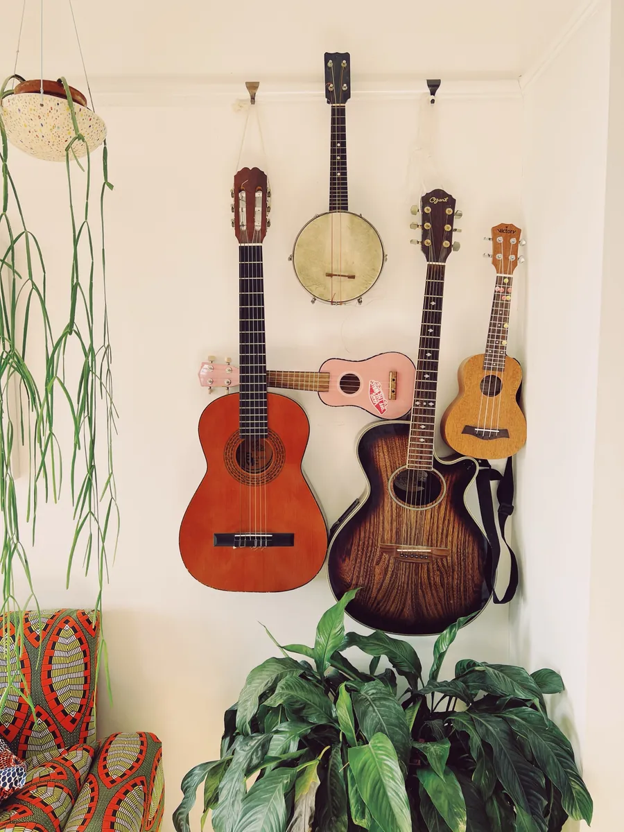 Guitars, a banjo and ukuleles hung on a white wall above a peace lily